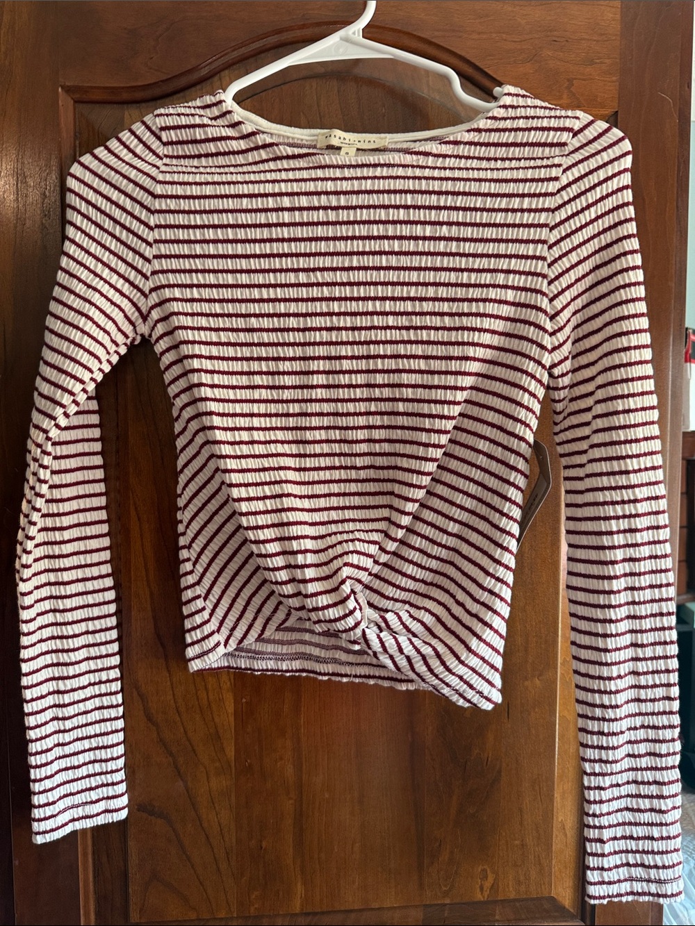 Striped Twist-Front Long Sleeve Tee - White & Burgundy